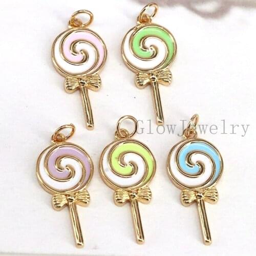 10Pcs,Enamel Colorful Lollipop Shape Pendant, Gold Filled CZ Lollipop Charm,Enamel Pendant,Enamel Jewelry
