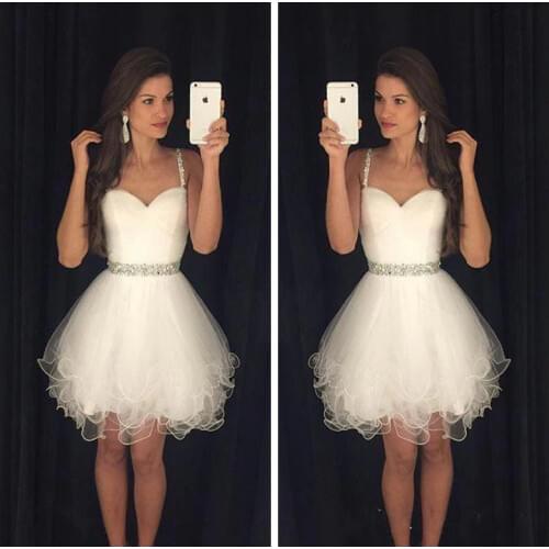 2019 Short Prom A-Line Modest White Homecoming Dresses Cheap Spaghetti Straps Beaded Crystals Ruffles Graduation Prom Gowns