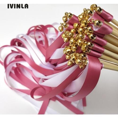 50pcs/lot deep coral and white wedding ribbon wands with sliver bell for wedding decoration