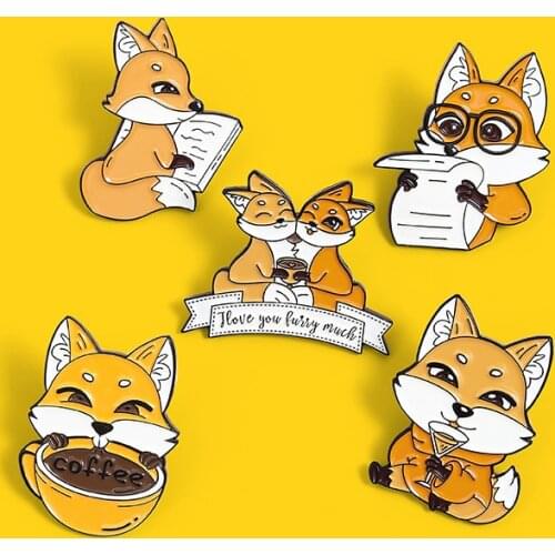 I LOVE YOU KUIIY MUCH Fox Coffee Enamel Pin Newspaper Brooches Bag Lapel Pins Cartoon Animal Badge Jewelry Gift for Kids Friends