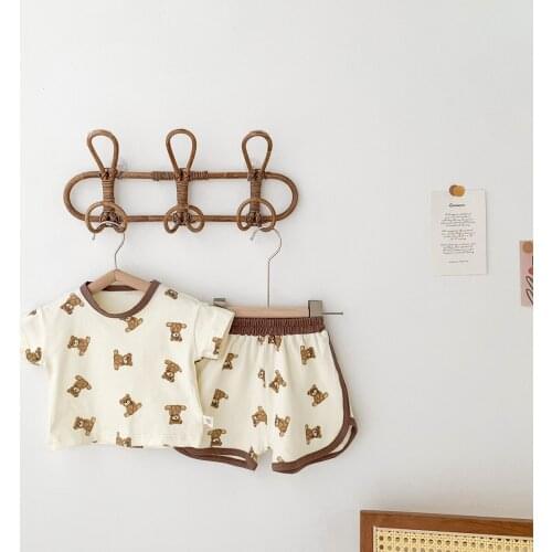 Toddlers Baby Boys Girls Cute Summer Home Wear 2pcs Summer Little Bear Printing Short Sleeve Tops + Shorts Cotton Outwear