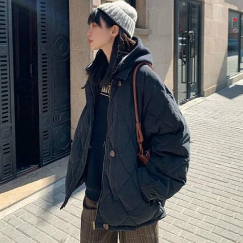 Hstar Short Style Parkas Womens Thicken Turn-down Collar Rhombus Quilting Loose Coats Korean Casual Design Chic Harajuku