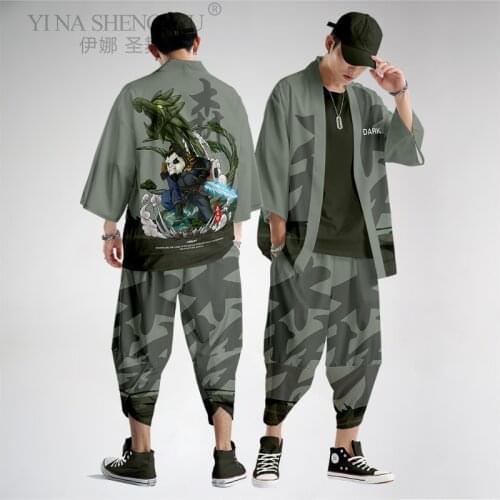 Fashion Summer Japanese Style Samurai Kimono Pants Suit Streetwear Mens Chinese Panda Printed Cardigan Japan Harajuku Clothes