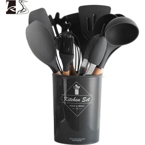 Sets of kitchen utensils with wood handle and silica gel, environmental material kitchen sets used for non-stick pot