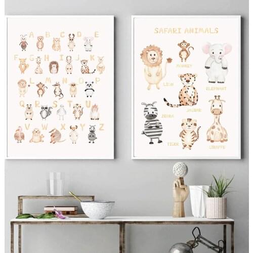 Safari Animals Nursery Poster ABCs Alphabet Wall Art Print Nordic Canvas Painting Educational Kids Pictures Baby Room Decor