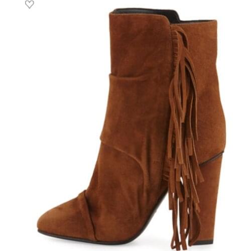 New arrival pleated suede leather ankle boots hot sale tassel high heel women winter bootie size 34 to 42 rough heel short boots