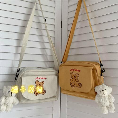 Luxury Canvas Shoulder Bag Korean Zipper Women Messenger Bags Designer Women Bear Bag Female Simple Handbag Cute Printing Tote