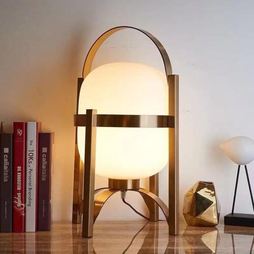 Modern Simple Golden Frame Portable Four-Legged Table Lamp Model Room Bedroom Designer Creative Glass Ball Small Night Light