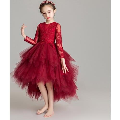 Red Lace Girl Dress Elegant Petal Beads Flower Girl Dresses For Girls Children Party Wedding Princess Long Gown Formal Clothes