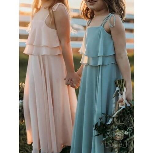 A Line Pink Blue Chiffon Long Flower Girl Dresses Kids Princess Part Gown Pageant Dress