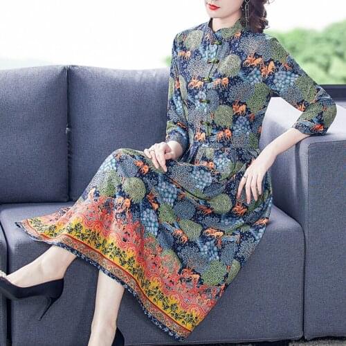 2021 Vintage Boho Print Mulberry Silk Sundress Spring Summer Casual 4XL Plus Size Midi Dress Elegant Women Bodycon Party Vestido