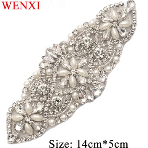 WENXI 10PCS Handmade Bridal Sash Rhinestones Appliques With Protein Beads Patch For Bridal Gown Belt WX848