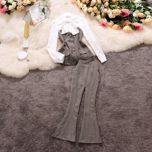 Amolapha Women Business Suit Fashion Elegant O-neck Bow Patchwork Ruffle Sleeve Shirt+High Waist Trumpet Pant Office Ladies Sets