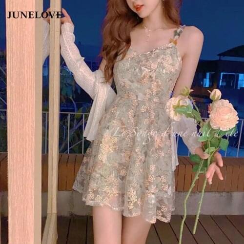 JuneLove Green Floral Strap Dress Women Elegant Sweet Lace French Vintage Designer Sexy Dress Summer 2021 Causal Party Dress