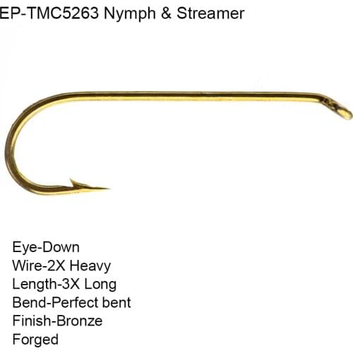 100pcs Eupheng EP-TMC5263 Nymph And Streamer Fly Fishing Hook Bronze Color 2X Heavy 3X Nymph Flies Hook Streamer Flies Hook