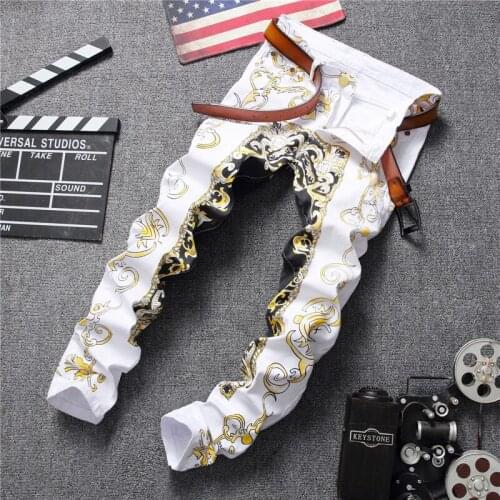 2019 European Style Fashion Stretch Mens Jeans White Pattern Printing Men Slim Fit Elastic Casual Denim Pants Printed Trousers