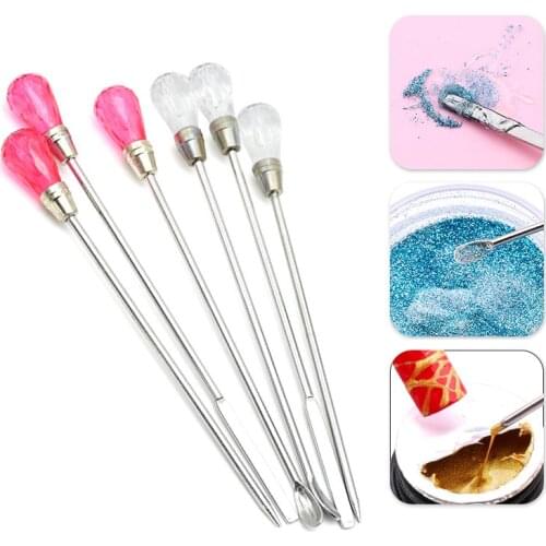 3pcs Stainless Steel Nail Art Stirring Rod Tool Powder Liquid Picking Spoon Crystal Handle Stir Stick for UV Gel Polish