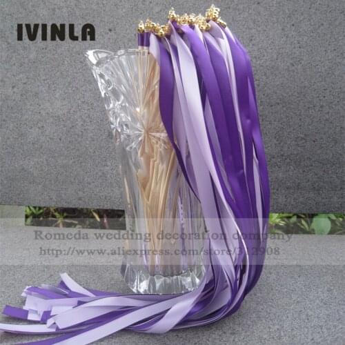 50pcs/lot Purple and Light Purple Ribbon Wands With gold Bell For Wedding Decoration