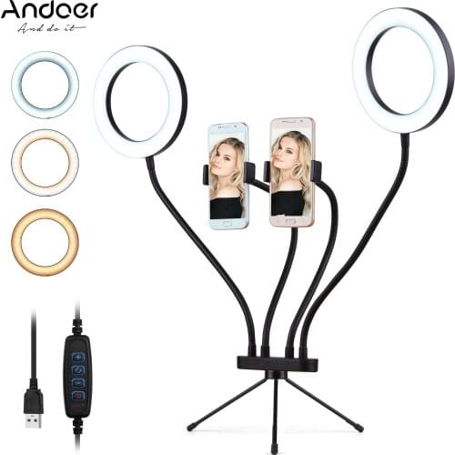 Andoer 6inch Dual LED Ring Light 3000-5000K 3 Colors 10 Levels Brightness with Table Tripod Stand Dual Phone Holders