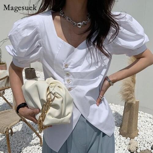 Korean Square Collar White Blouses Summer Loose New Puff Short Sleeve Woman Tops Fashion Pleated Shirt Female Blusas Mujer 14281