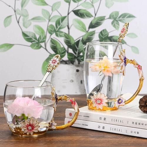 Enamel Chrysanthemum Cup Heat-Resistant Glass High-Grade Lead-Free Home Tea Restaurant Flower Cup Tea Cup With Handle Mug
