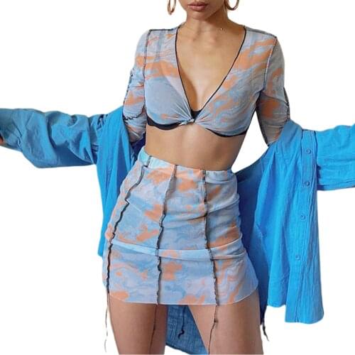 Hirigin Fashion Women Sexy Two-piece Clothes Set Variegated Color Deep V-neck Crop Tops and High Waist Skirt For Girls Summer
