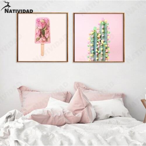 Ins Style Korean Petal Ice Cream Canvas Painting Dessert Cactus Art Poster Nordic Colorful Living Room Bedroom Decoration