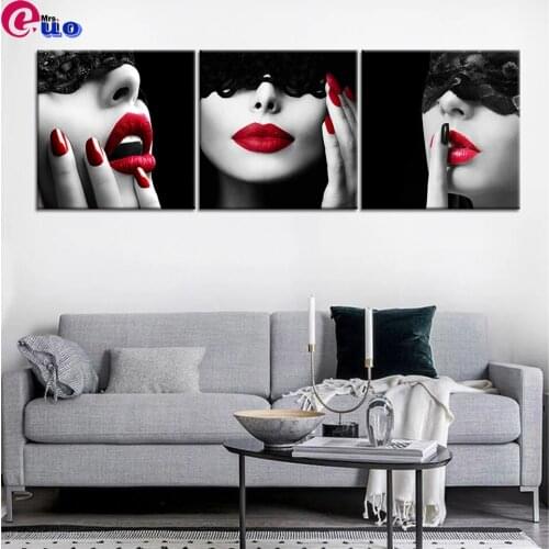 5d Diy Diamond Painting Sexy Red Lips Girls Picture Wall Art Modern 3Pcs Black Background Beautiful Women Poster for Home Decor