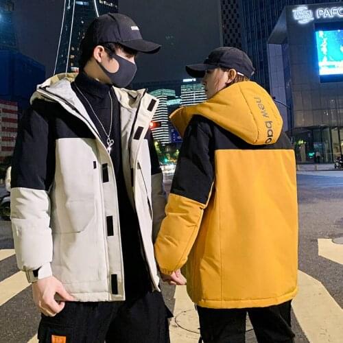 -20 degree Winter Mens Warm Hooded Down Jacket Color Block Fashion Couple White Duck Down Coat Youth Handsome Loose Windbreaker