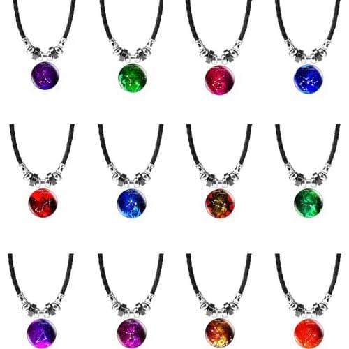 Hot Selling Fashion 12 Zodiac Sign Glass Convex Round Pendant Necklace Constellation Glass Birthday Christmas Present