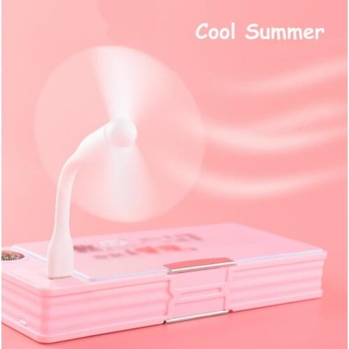 Mini Fan USB LED Staionery School Supplies Storage for Student Pencil Cases for Girls Boys Kawaii Cute with Inner Battery