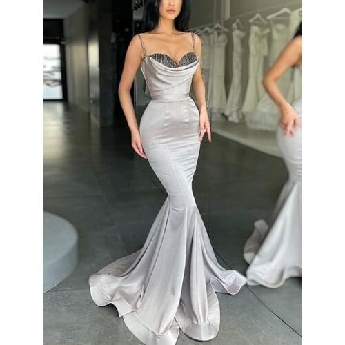 2021 New Autumn Sexy Spaghetti Straps Slim Mermaid Gray Cocktail Dresses Lady Elegant Full Length Sleeved Evening Party Gowns