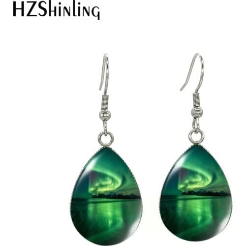 New Fashion Galaxy Nebula Green Purple Polar Lights Tear Drop Fish Hook Earrings Handcraft Jewelry Dangles