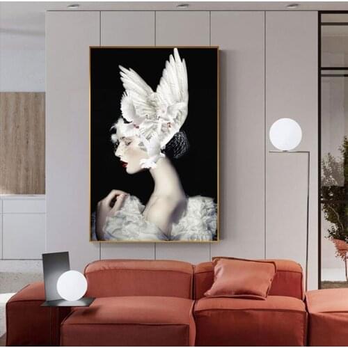 Charming Girl Pigeon on Head Canvas Painting Meditation Beauty Big Posters Print Modern Wall Picture Living Room Tableau Salon