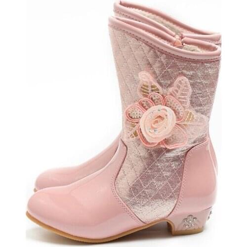 Autumn and winter Childrens Boots for little girls high-heeled flowers shiny princess shoes sweet and cute mid-tube dance boots
