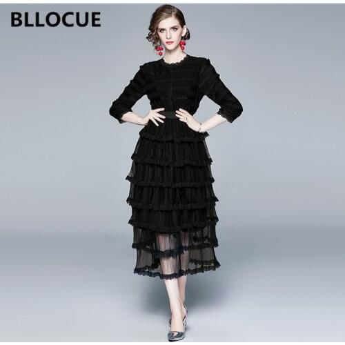 BLLOCUE Runway Vintage Dress 2020 Autumn Womens Three-Quarter Sleeve Ruffled Multi-Layer Cake Mesh Black Long Dress