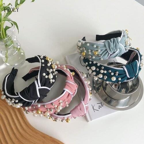 PROLY New Fashion Pearls Hairband Wide Side Cent Knot Headband For Women Casual Turban Girls Hair Accessories Wholesale