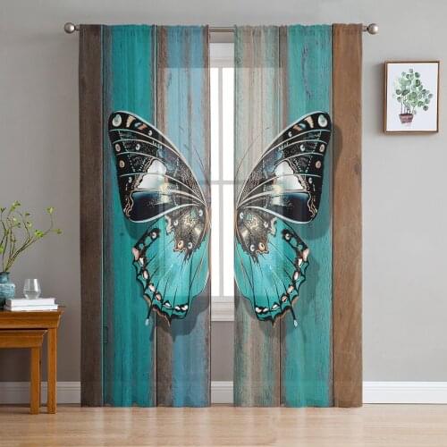 Wooden Texture Turquoise Butterfly Voile Curtains for Living Room Window Treatment Sheer Curtains for Bedroom Kitchen Drapes