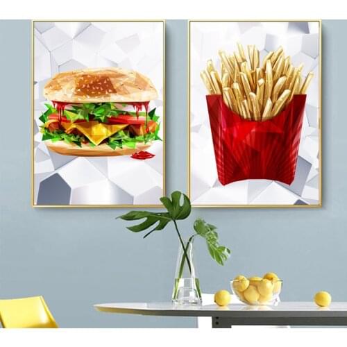 Modern French Fries and Hamburger Posters and Prints Canvas Paintings Wall Art Pictures Restaurant Kitchen Fast Food Shop Decor