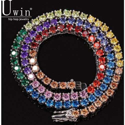 Uwin 4mm Multicolor Tennis Chain Ice Rhinestone Color Hip Hop Necklace Fashion Men And Women Jewelry Party Gift