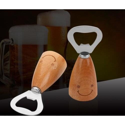 Smile Face Beer Bottle Opener Wooden Handle Bottle Opener Stainless Steel Openers Kitchen Gadgets Bar Tool LX9343