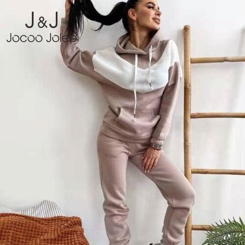 Jocoo Jolee Vintage Thicken Trousers 2 Piece Set Women Tracksuit Sports Pants Outfits Casual Warm Fleece Stitching Hoodies Suits