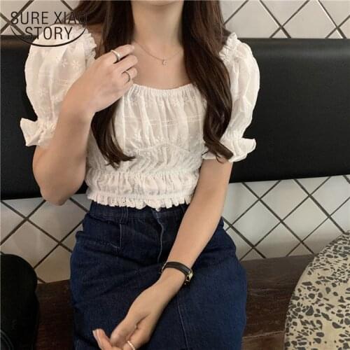 Korean Short Sleeve O-neck Sweet Lovely Blouse Chiffon Solid Puff Sleeve Ladies Shirt Top Lace cardigan Women blusas mujer 14762