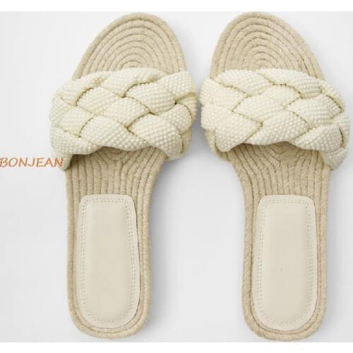 2020 Summer New Womens Slippers Fashion Ladies Flat Pearl Casual Comfortable Ladies Shoes Solid Peep Toe Outside Women Slippers