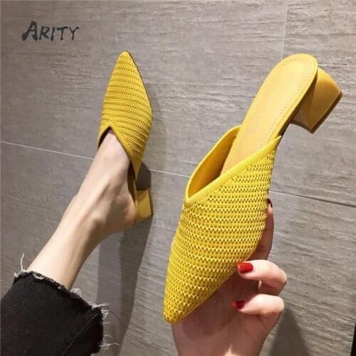 Women Knit Sandals Baotou Mid-heel Pointed Slippers Womens Summer Autumn Korean All-match Chunky Heels Mules