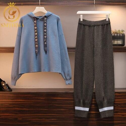 New Autumn And Winter 2 Piece Set Womens Long Sleeve diamond Hoodies Tops and Knitted Pant Suits Tracksuit Sets Casual Female