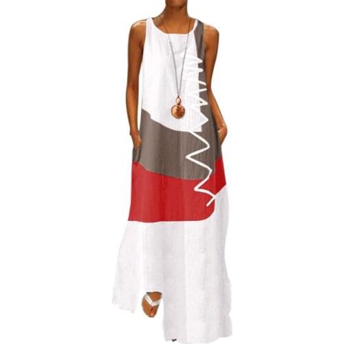 Women Sleeveless O-Neck Maxi Tank Dress Color Block Wavy Stripe Loose Sundress Y1QD
