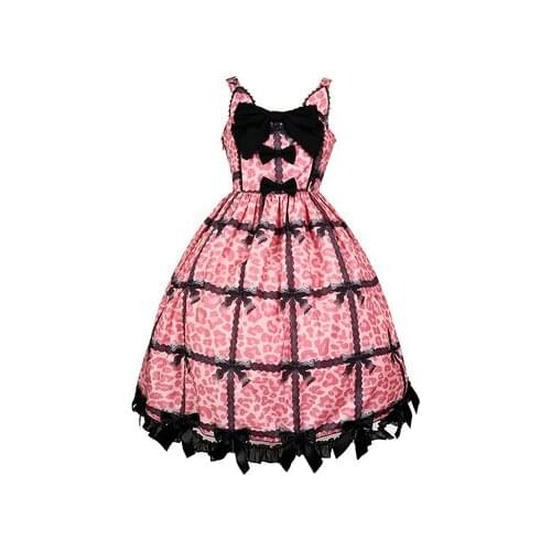 New Punk Harajuku Pink Leopard bow stitching Dress Girl Fashion Temperament Lolita Autumn Sweet Kawaii Dress