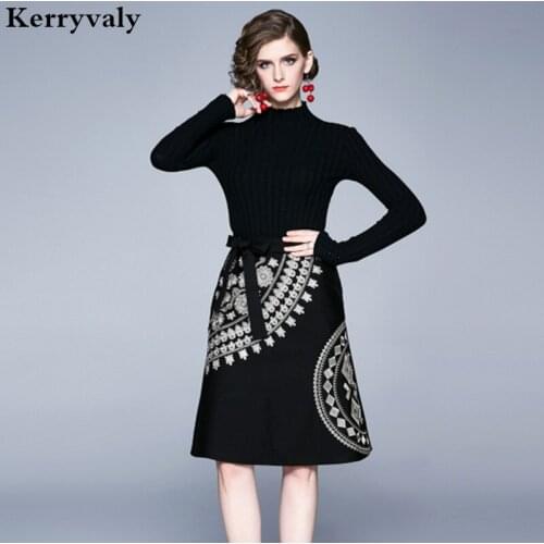 New Winter Women Knit Embroidery Dress Moda Mujer 2021 Long Sleeve Black Knitting Midi Party Dress Sukienki Damskie K9160
