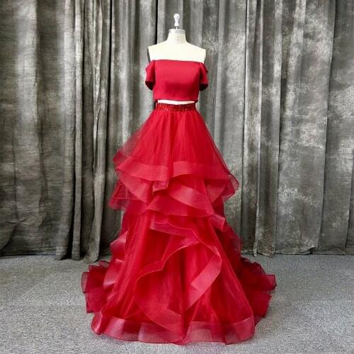 Girls Wine Red Two Pieces Ball Gown Off Shoulder Short Sleeve Prom Dress